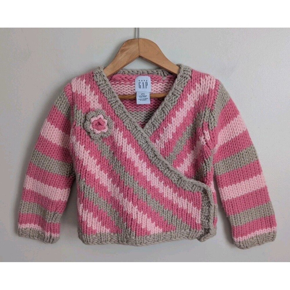 GAP Baby Knit Sweater Cardigan Ballet Wrap 3XL Wool Blend Girls Pink Stripe Rose
